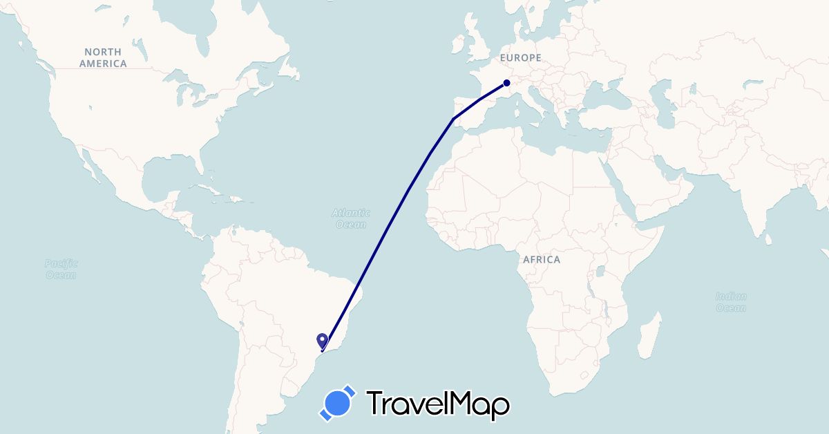 TravelMap itinerary: driving in Brazil, Switzerland, Portugal (Europe, South America)